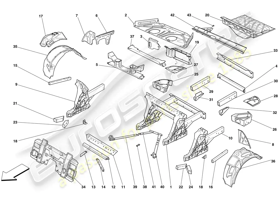 ferrari 599 sa aperta (rhd) estructuras y elementos trasero del vehículo diagrama de piezas