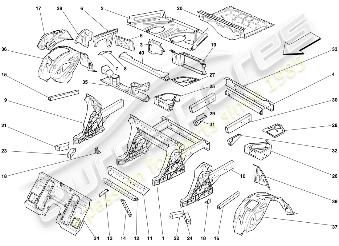ferrari 599 gtb fiorano (rhd) estructuras y elementos trasero del vehículo diagrama de piezas