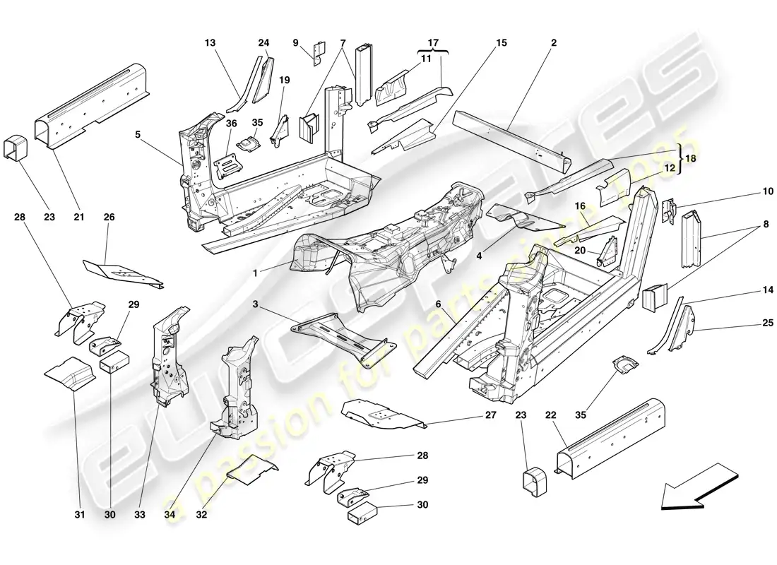 ferrari 599 sa aperta (europe) estructuras y elementos, centro del vehículo diagrama de piezas