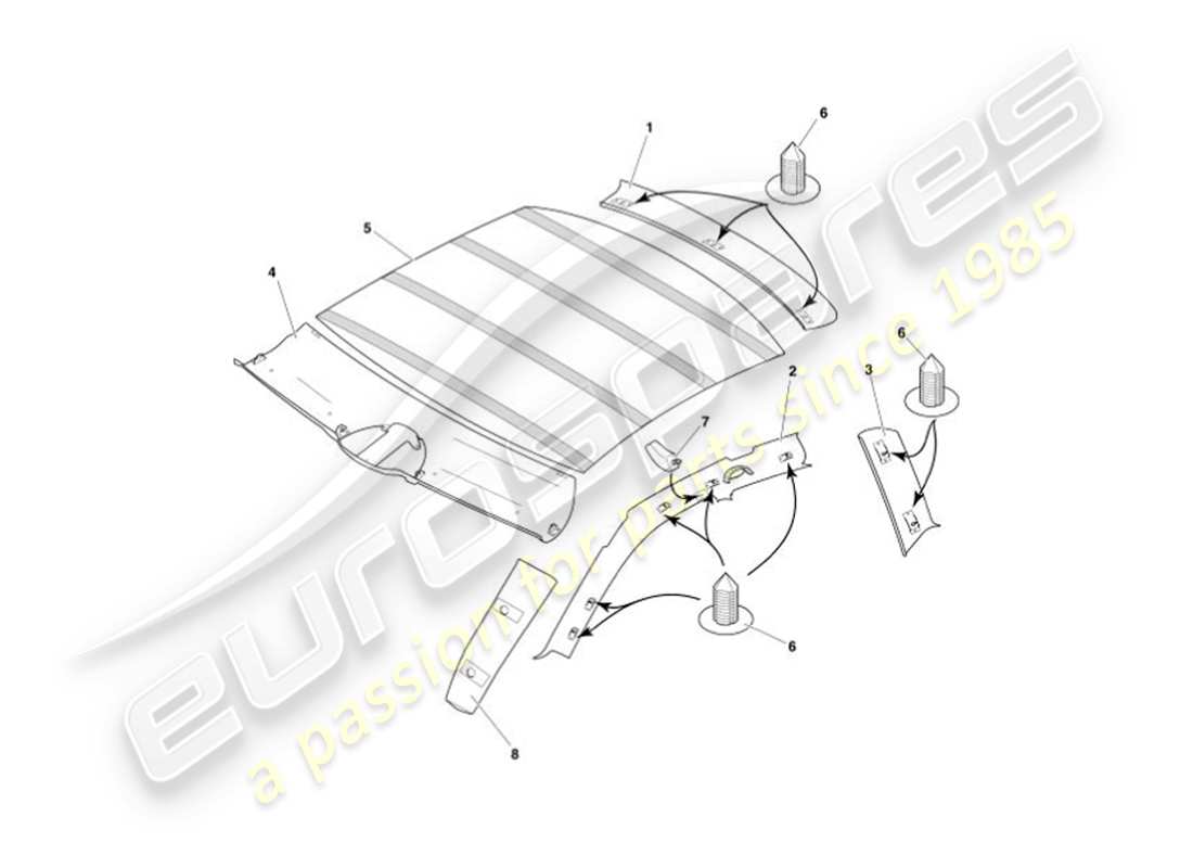 aston martin vanquish (2002) diagrama de piezas de moldura superior y revestimiento del techo