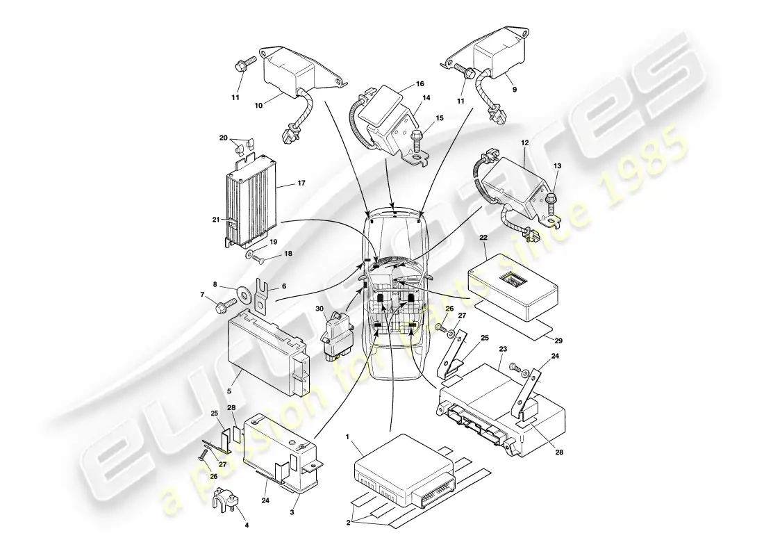 aston martin v8 volante (1998) módulos de control electrónico diagrama de piezas
