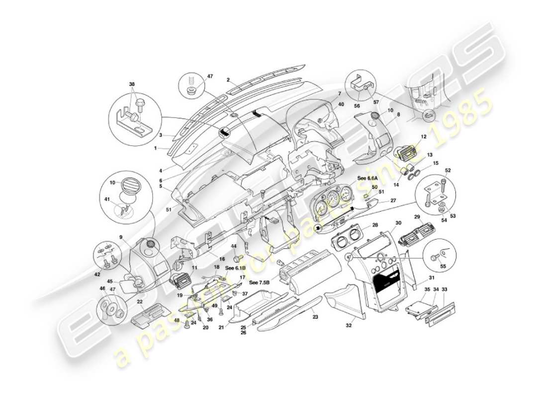 aston martin vanquish (2006) diagrama de piezas de fascia y molduras