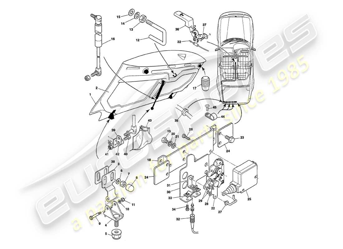 aston martin v8 volante (1998) diagrama de piezas de la tapa del maletero
