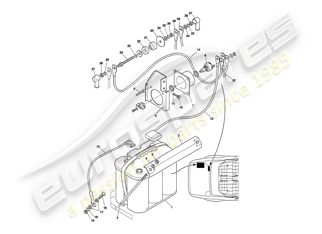 aston martin v8 volante (1998) batería diagrama de piezas