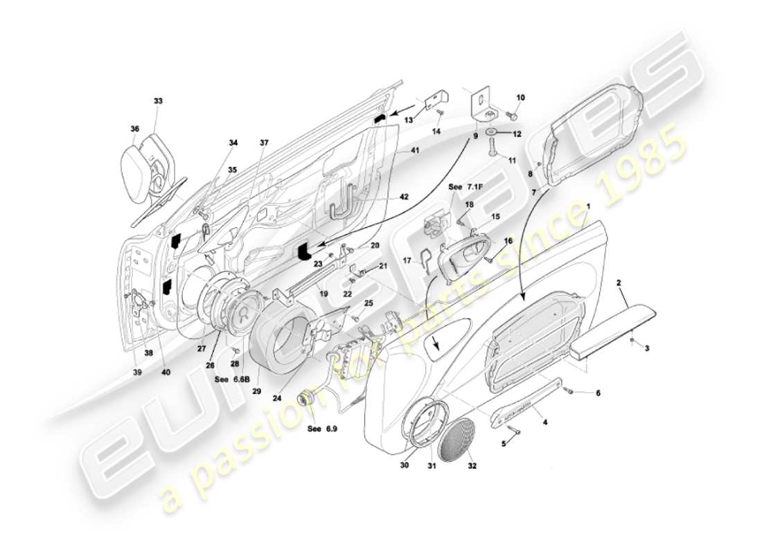 aston martin vanquish (2002) diagrama de piezas de marcos y accesorios de puertas