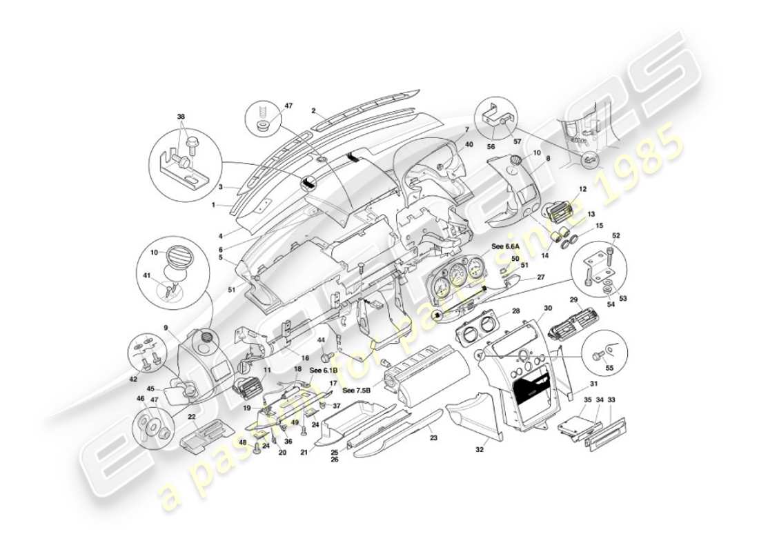 aston martin vanquish (2004) diagrama de piezas de fascia y molduras