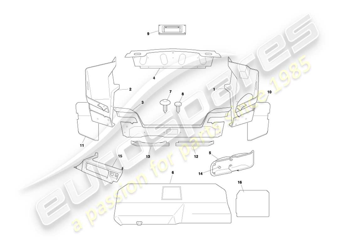 aston martin db7 vantage (1999) diagrama de piezas de la carcasa del maletero y las alfombrillas del volante