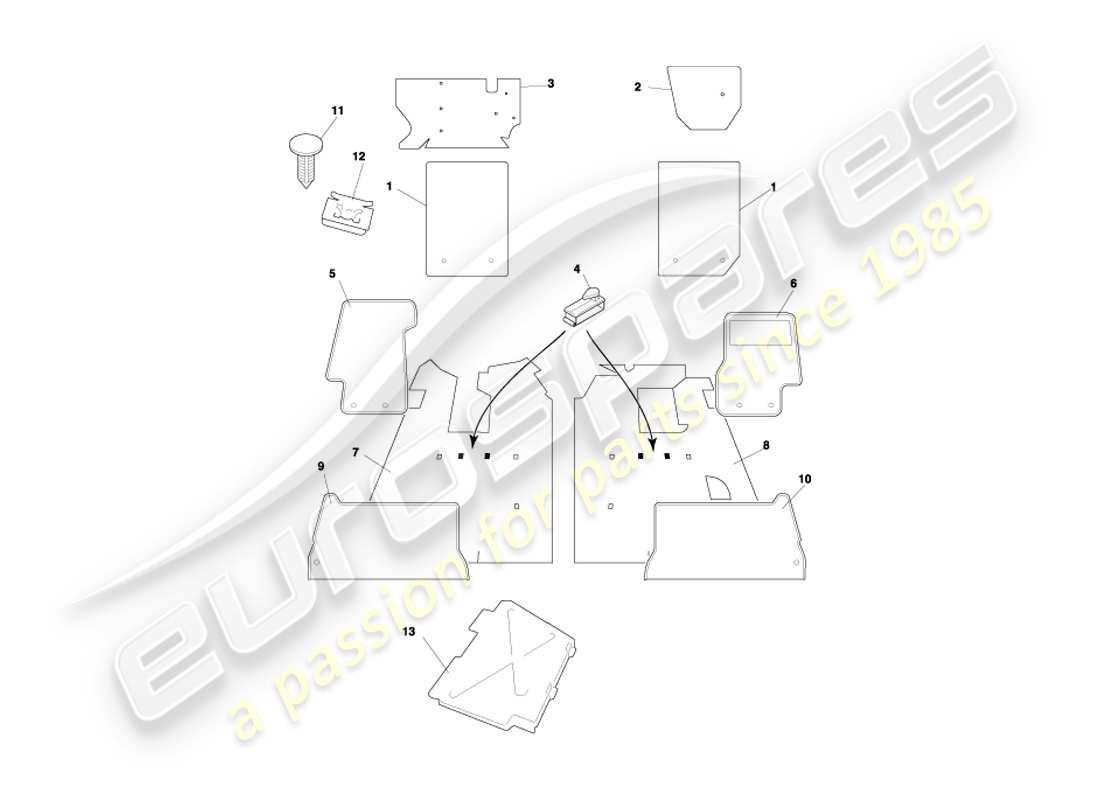 aston martin db7 vantage (1999) diagrama de piezas de alfombras cupé