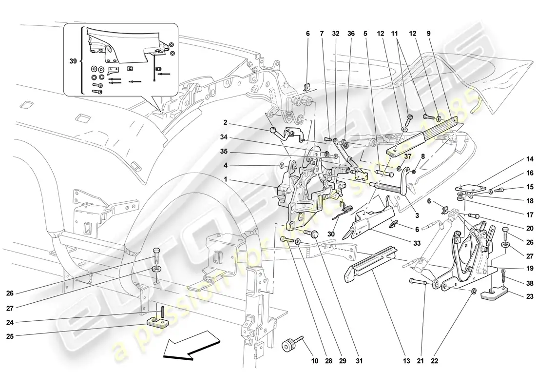 ferrari f430 scuderia spider 16m (europe) cinematica del techo - parte inferior diagrama de piezas