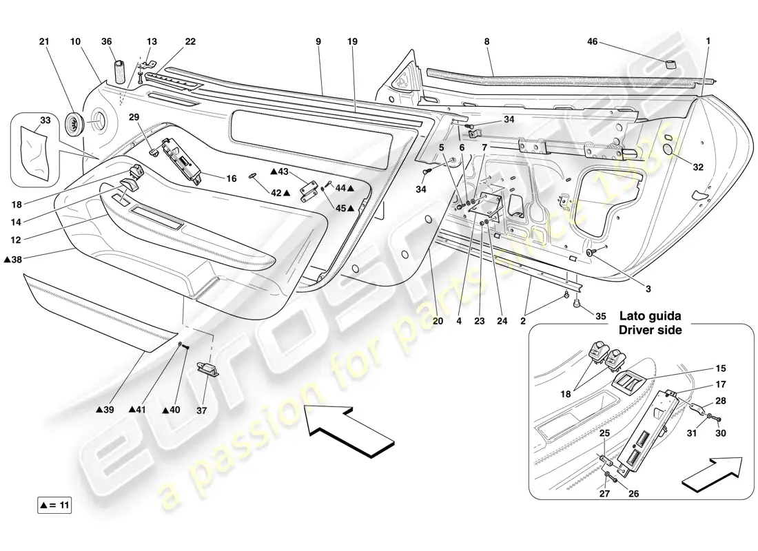 ferrari 599 gto (rhd) puertas - subestructura y acabados diagrama de piezas
