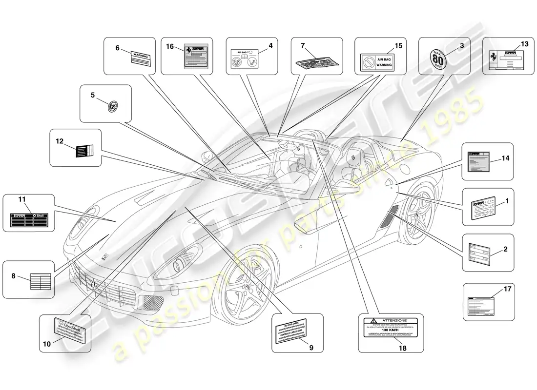 ferrari 599 sa aperta (rhd) etiquetas y placas adhesivas diagrama de piezas