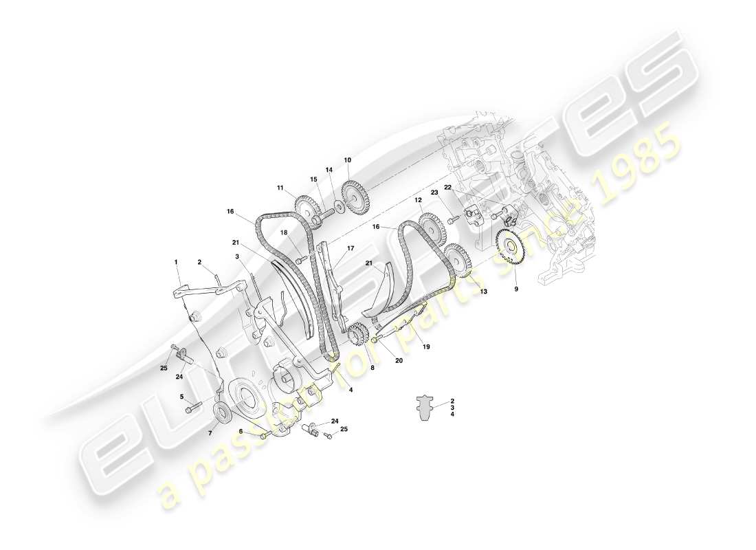 aston martin db7 vantage (1999) diagrama de piezas de caja de distribución, bomba de agua y ruedas dentadas
