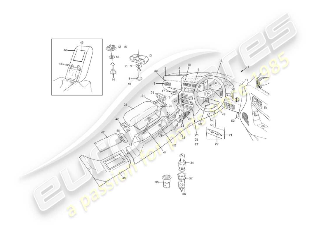 aston martin v8 virage (2000) diagrama de piezas de accesorios interiores, salpicadero y consola central