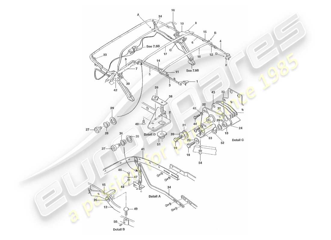 aston martin v8 virage (2000) conjunto del marco del capó diagrama de piezas