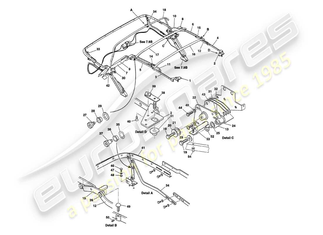 aston martin v8 volante (2000) conjunto del marco del capó diagrama de piezas