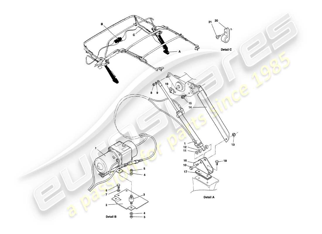 aston martin v8 volante (2000) hidráulica del capó diagrama de piezas