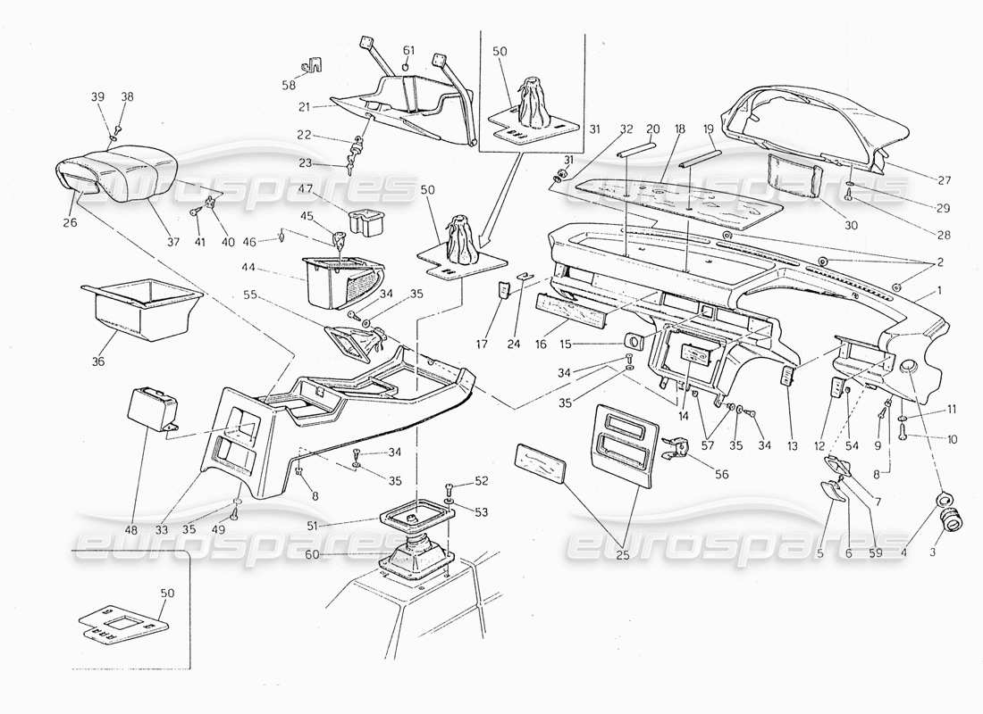 maserati 228 diagrama de piezas del panel de instrumentos y la consola (dirección derecha)