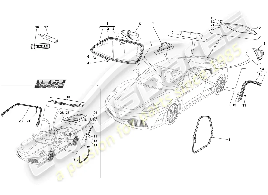 ferrari f430 scuderia spider 16m (europe) pantallas, ventanas y juntas diagrama de piezas