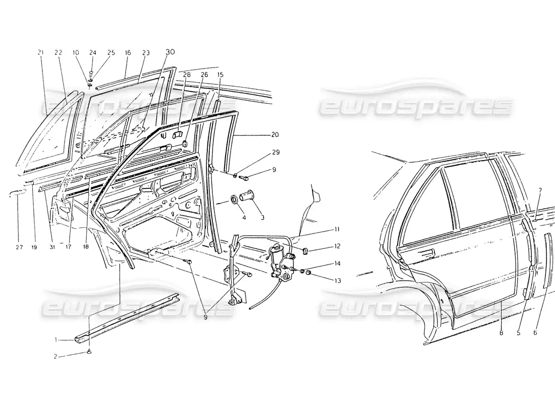 maserati 418 / 4.24v / 430 diagrama de piezas de puertas traseras, cristales y elevalunas