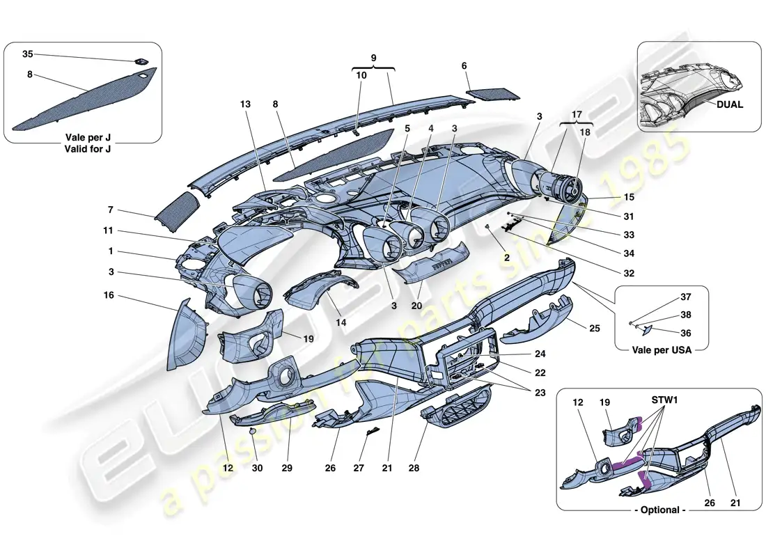 ferrari california t (rhd) tablero - acabado diagrama de piezas