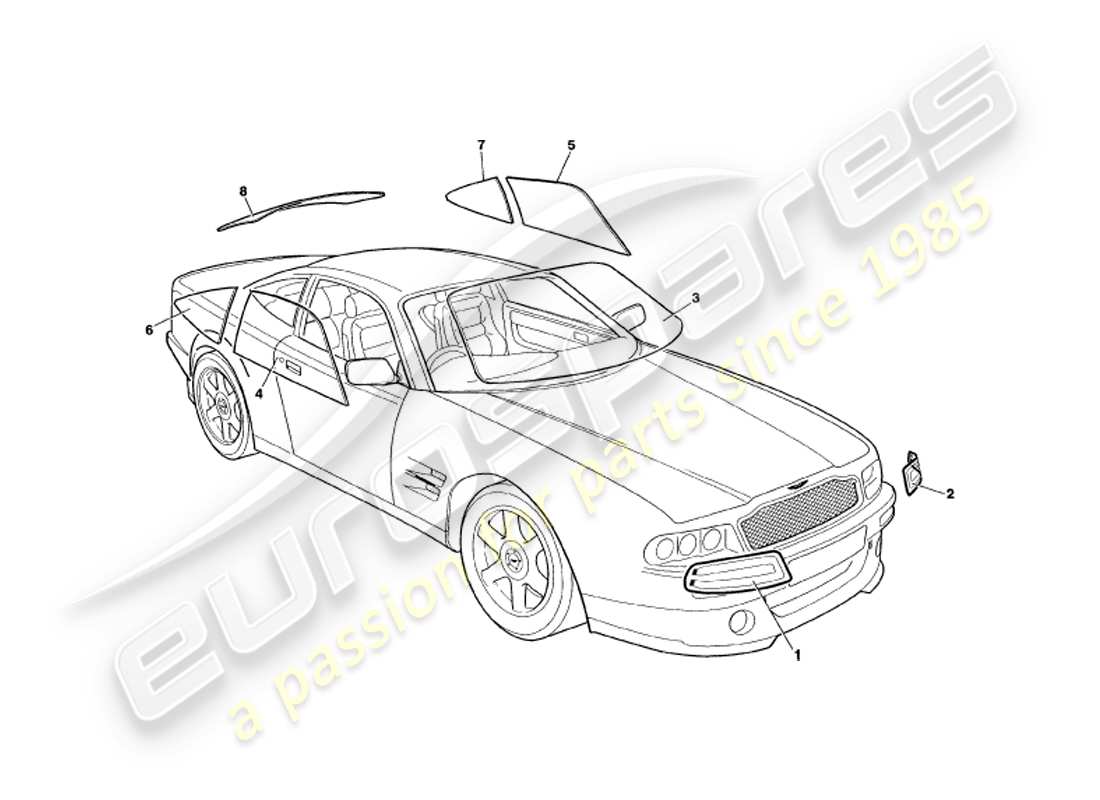 aston martin v8 coupe (1999) diagrama de piezas de vidrio