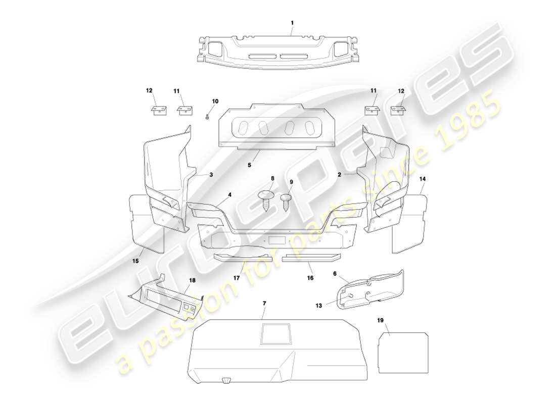 aston martin db7 vantage (2004) diagrama de piezas de la carcasa del maletero y las alfombrillas del cupé