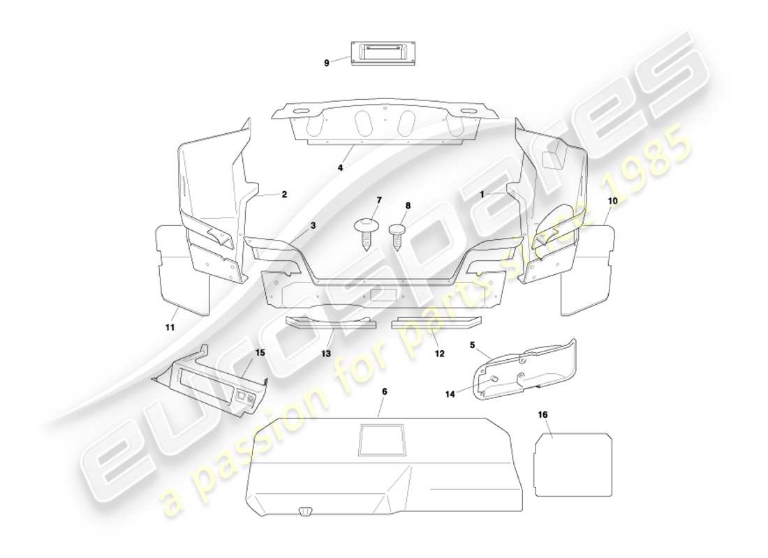 aston martin db7 vantage (2004) diagrama de piezas de la carcasa del maletero y las alfombrillas del volante