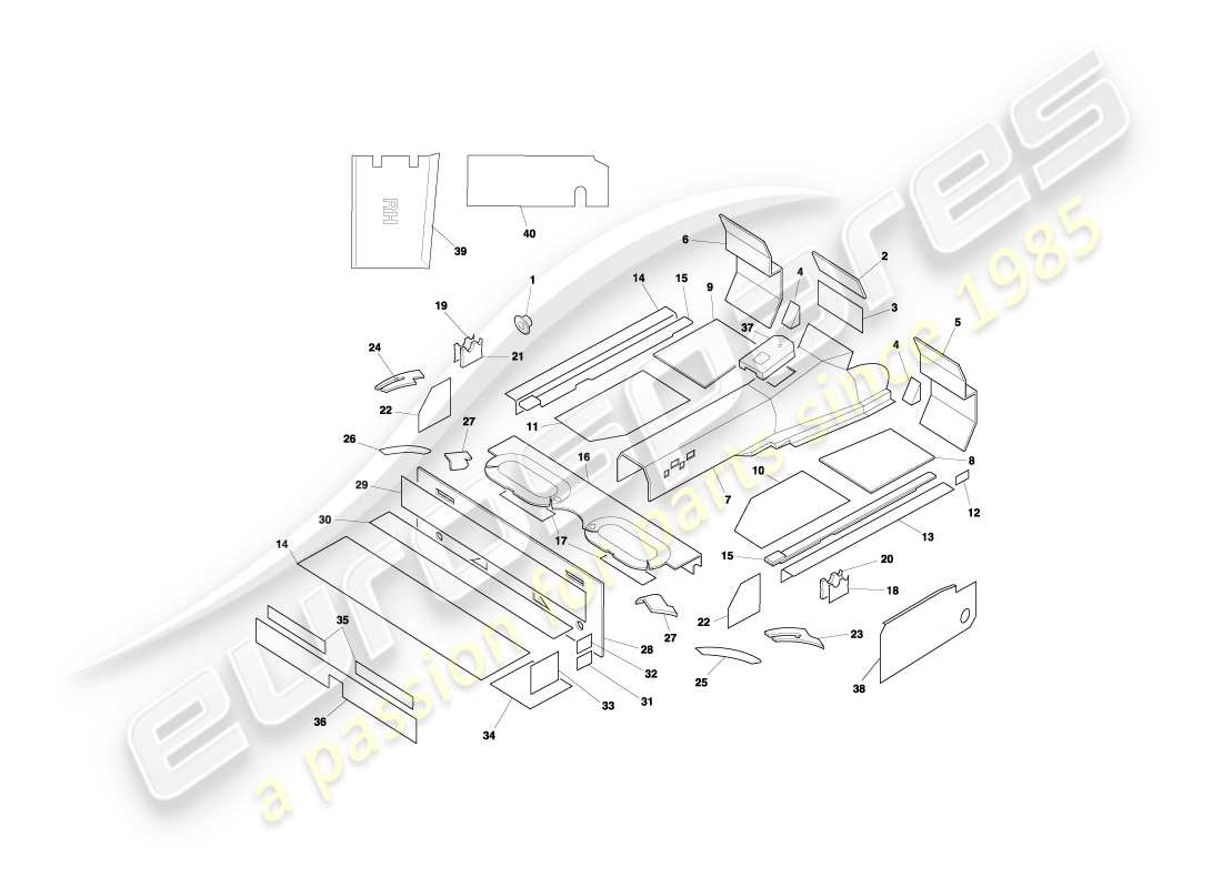 aston martin db7 vantage (2003) diagrama de piezas de insonorización volante