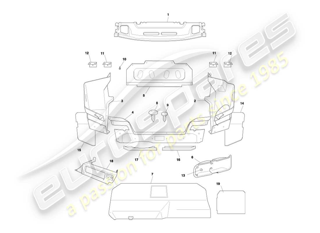 aston martin db7 vantage (2003) diagrama de piezas de la carcasa del maletero y las alfombrillas del cupé
