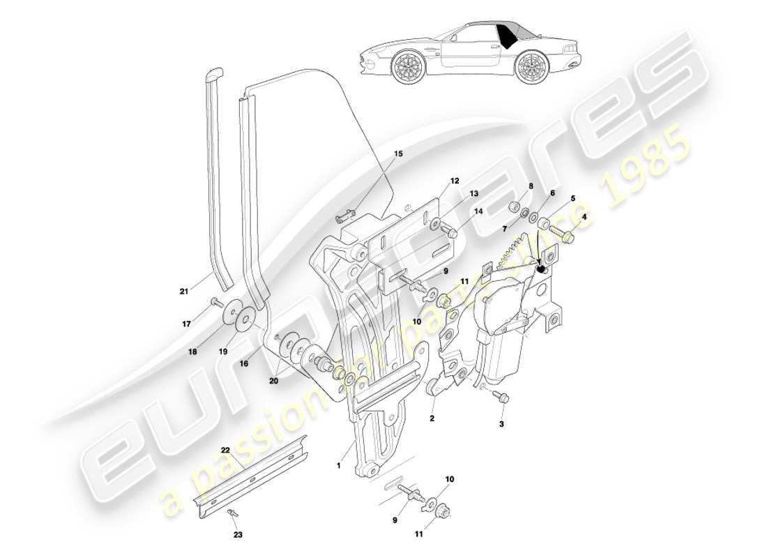 aston martin db7 vantage (2004) diagrama de piezas del mecanismo y cristal del cuarto trasero del volante