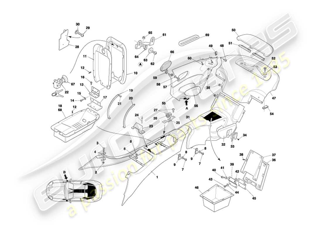 aston martin db7 vantage (2004) consola central y molduras, diagrama de piezas del cupé
