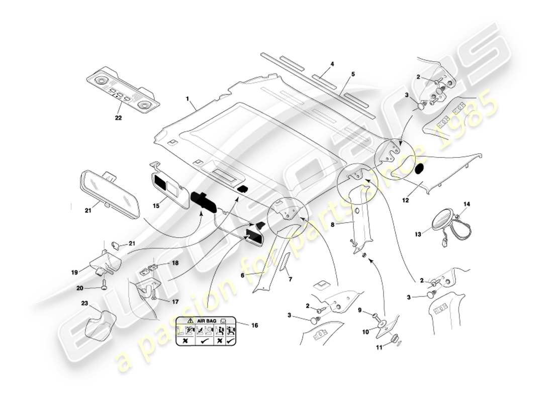 aston martin db7 vantage (2003) diagrama de piezas del revestimiento superior y del revestimiento del techo del cupé