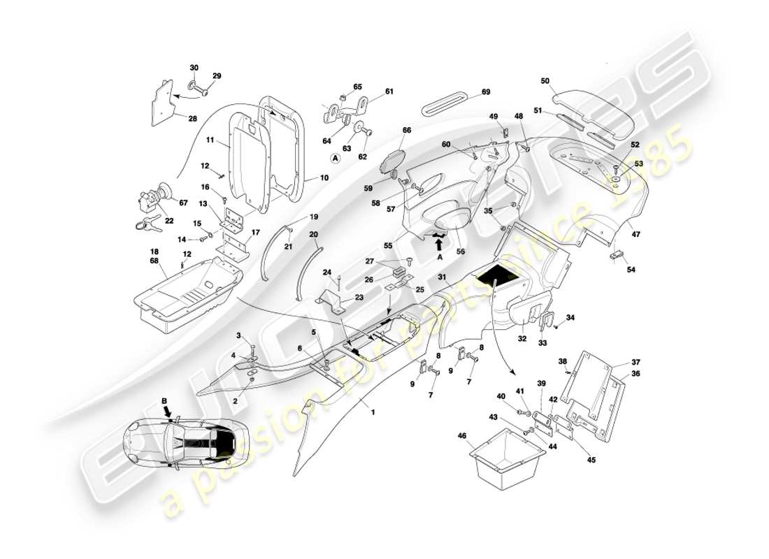 aston martin db7 vantage (2003) consola central y molduras, diagrama de piezas del cupé