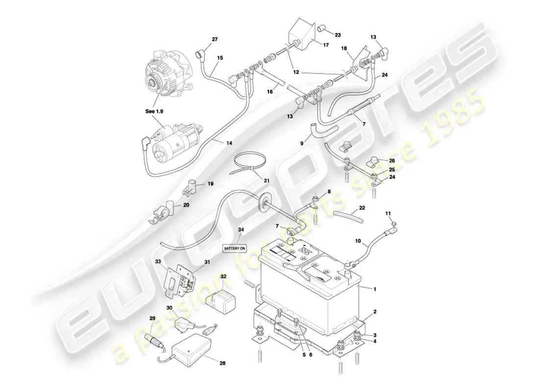 aston martin db7 vantage (2003) diagrama de piezas de batería y bandeja
