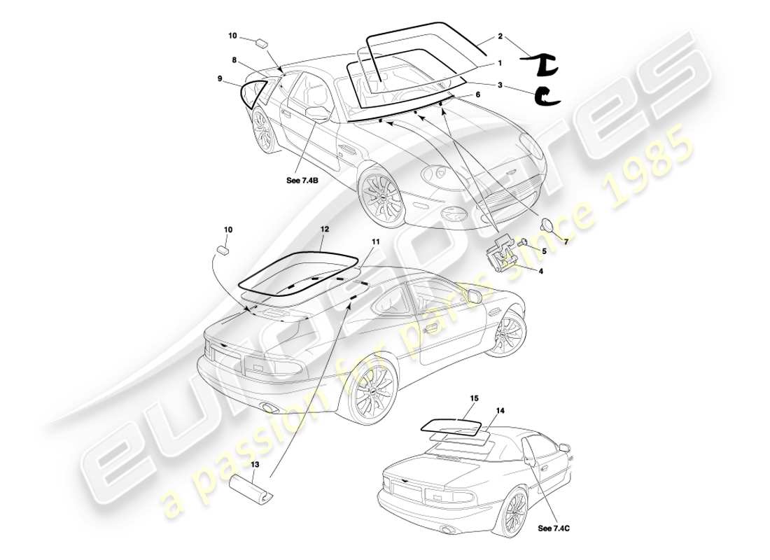aston martin db7 vantage (2004) diagrama de piezas de vidrio