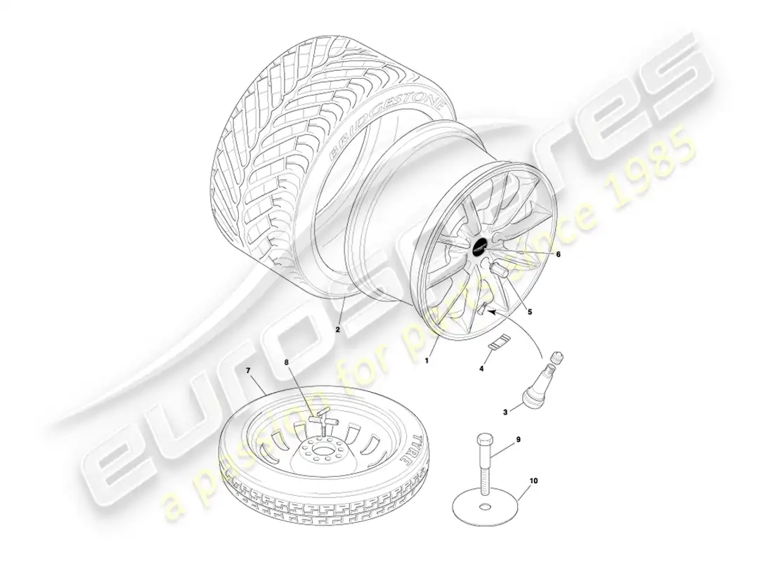 aston martin db7 vantage (2003) diagrama de piezas de ruedas y neumáticos