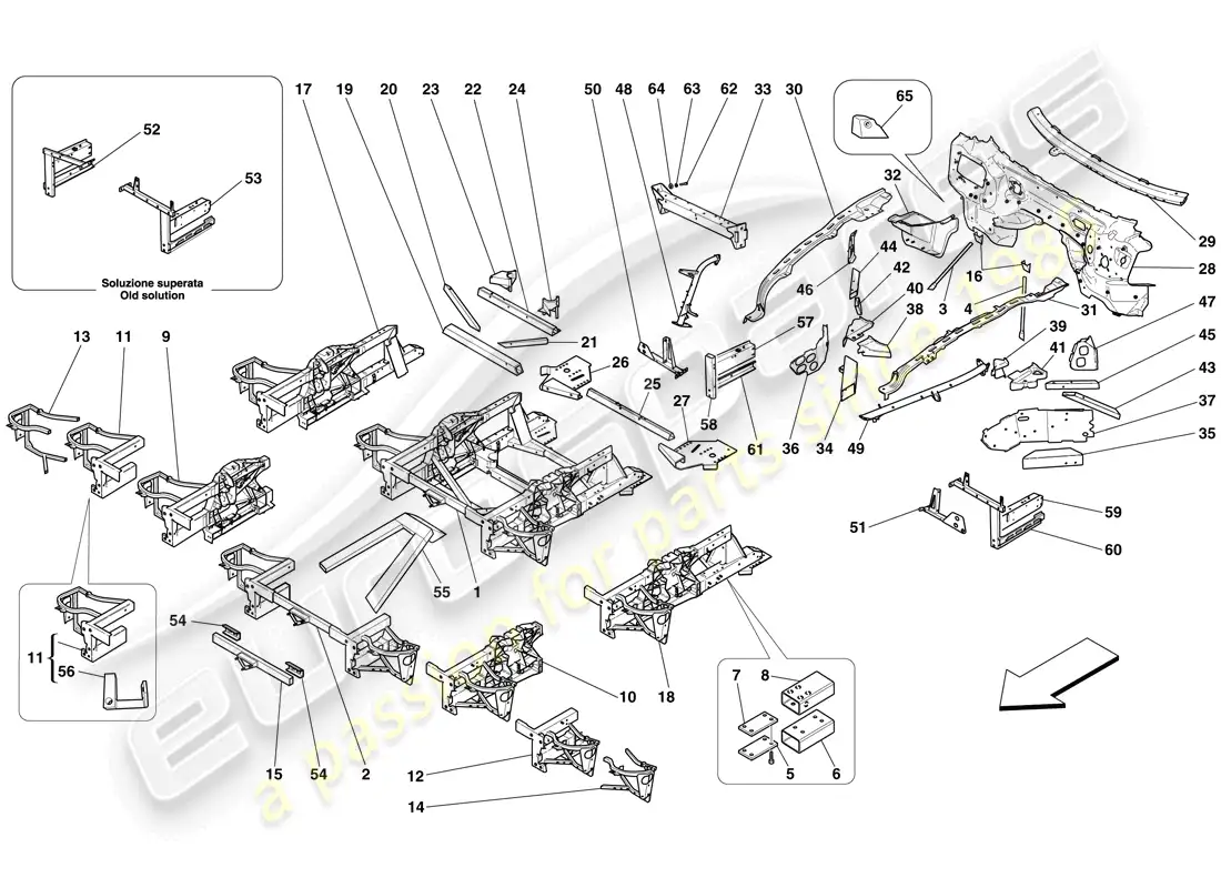 ferrari 599 sa aperta (europe) estructuras y elementos delantero del vehículo diagrama de piezas