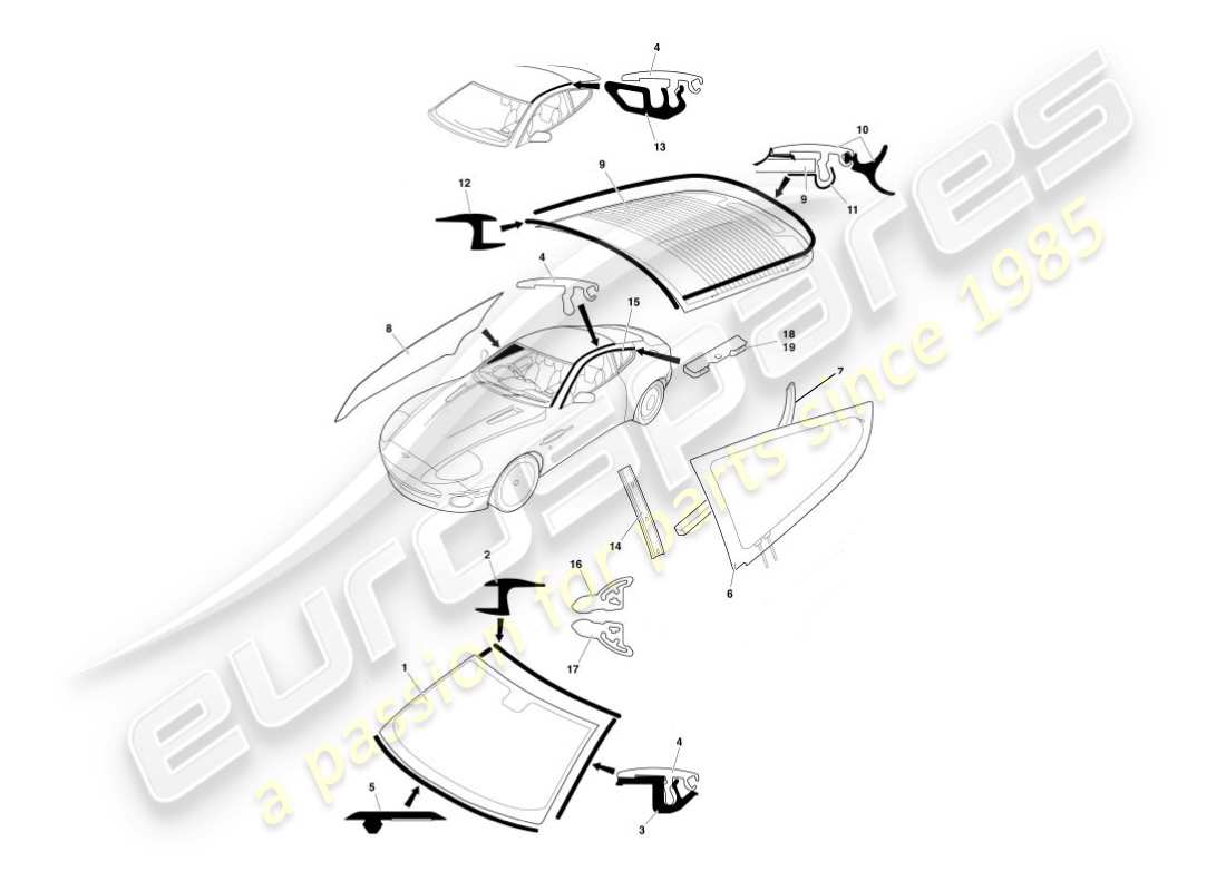aston martin vanquish (2005) diagrama de piezas de vidrio y acabados