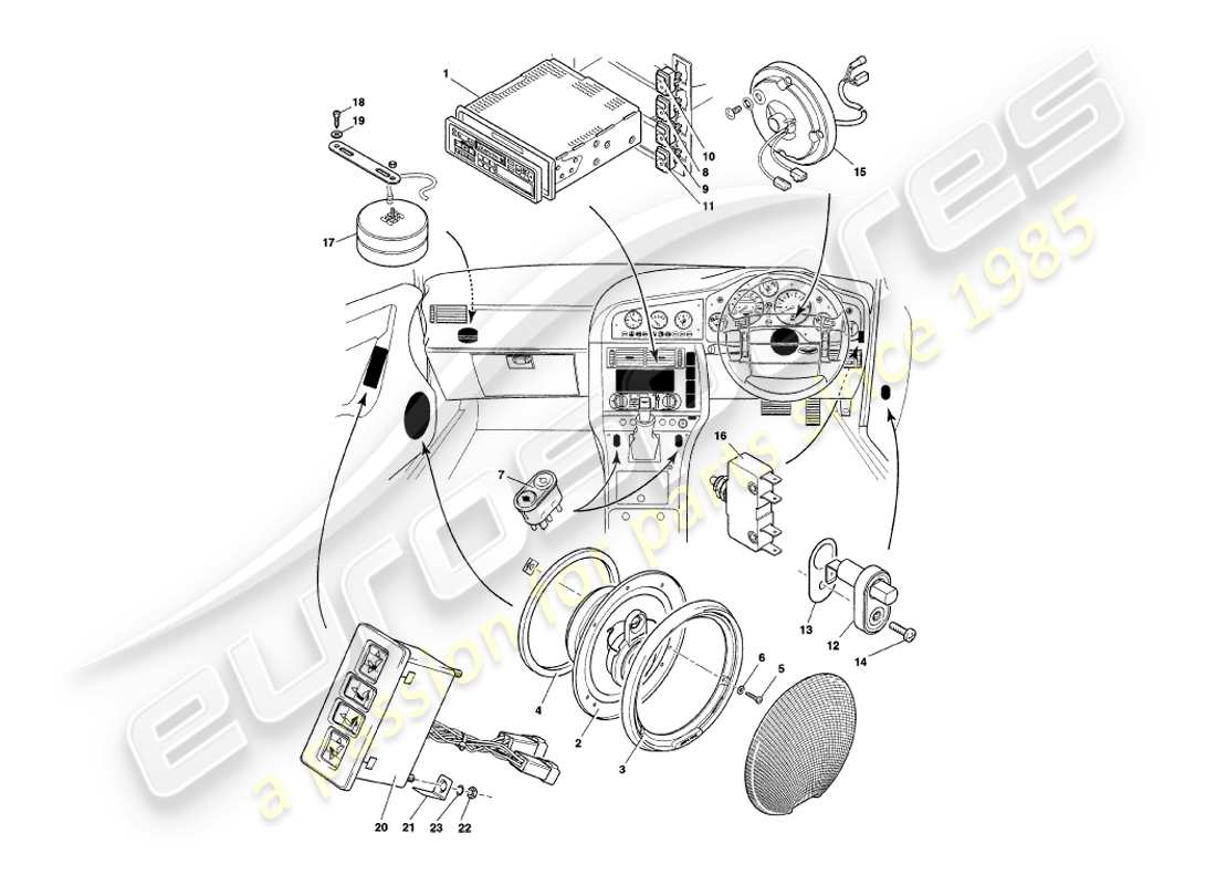 aston martin v8 coupe (2000) instrumentos y controles diagrama de piezas