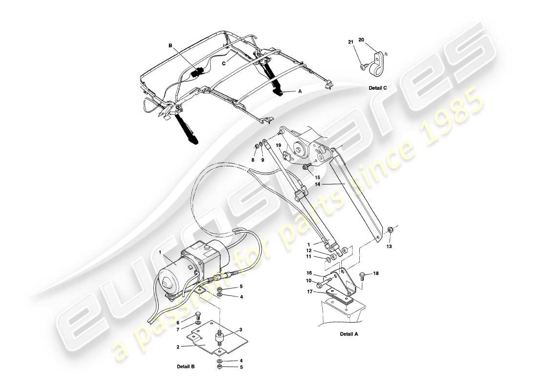aston martin v8 volante (1997) diagrama de piezas del sistema hidráulico del capó