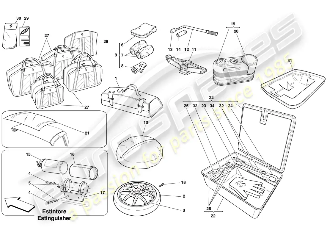 ferrari 599 sa aperta (rhd) kit de herramientas diagrama de piezas