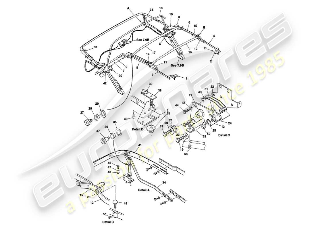aston martin v8 volante (1999) conjunto del marco del capó diagrama de piezas