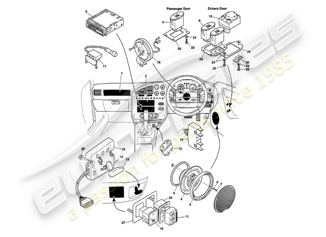 aston martin v8 volante (2000) instrumentos y controles diagrama de piezas