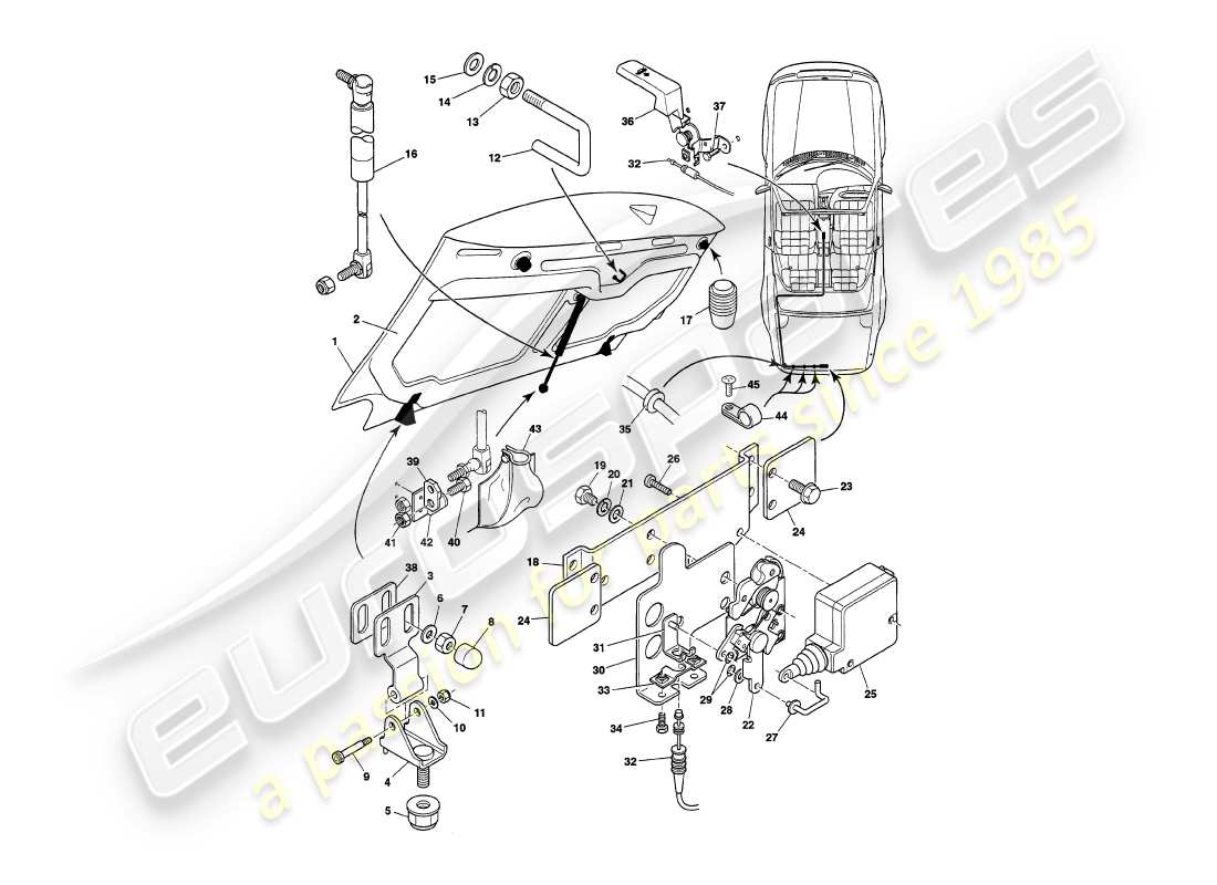 aston martin v8 volante (1999) diagrama de piezas de la tapa del maletero