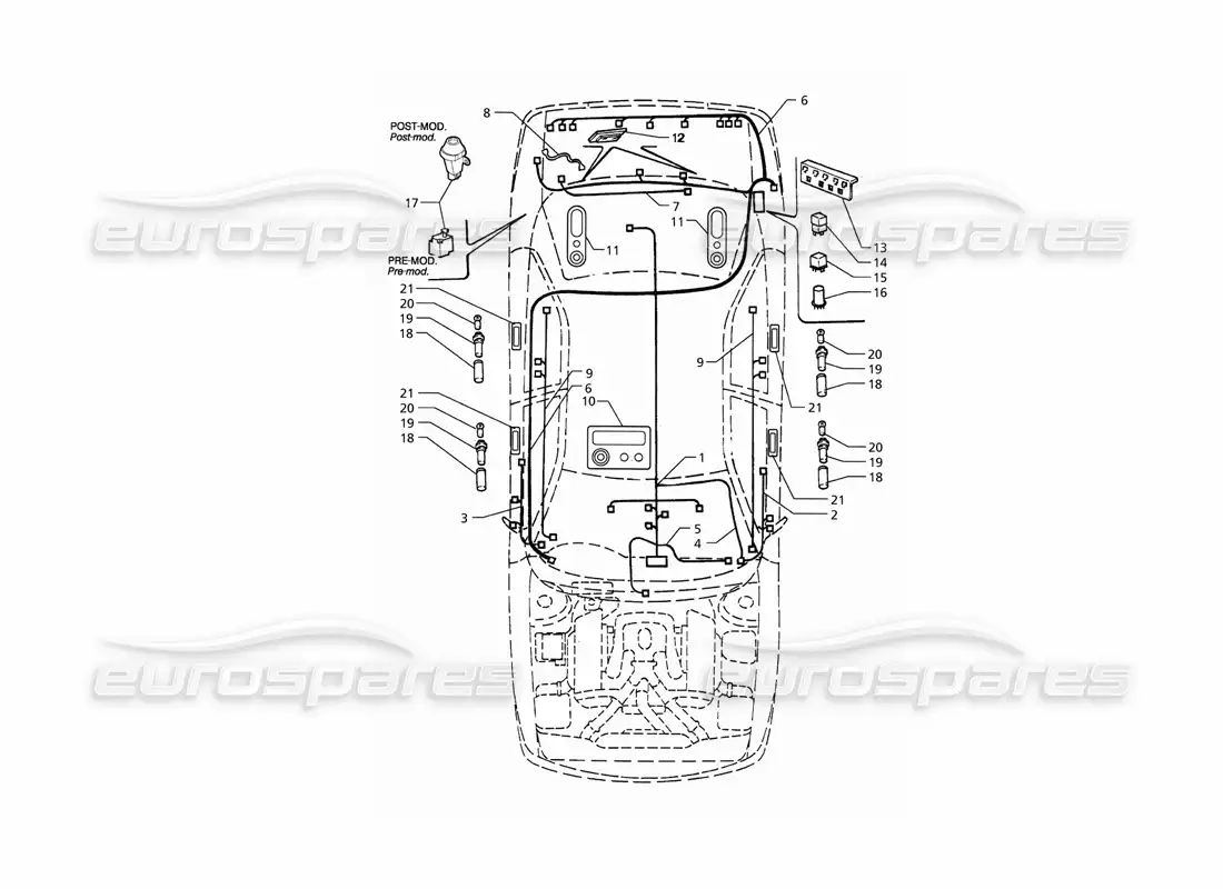 maserati qtp. 3.2 v8 (1999) sistema eléctrico: maletero - puertas - diagrama de piezas del compartimento de pasajeros (transmisión derecha)