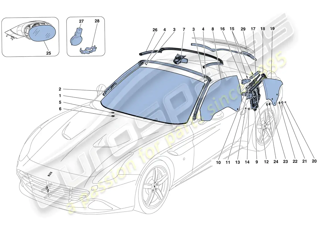 ferrari california t (rhd) pantallas, ventanas y juntas diagrama de piezas