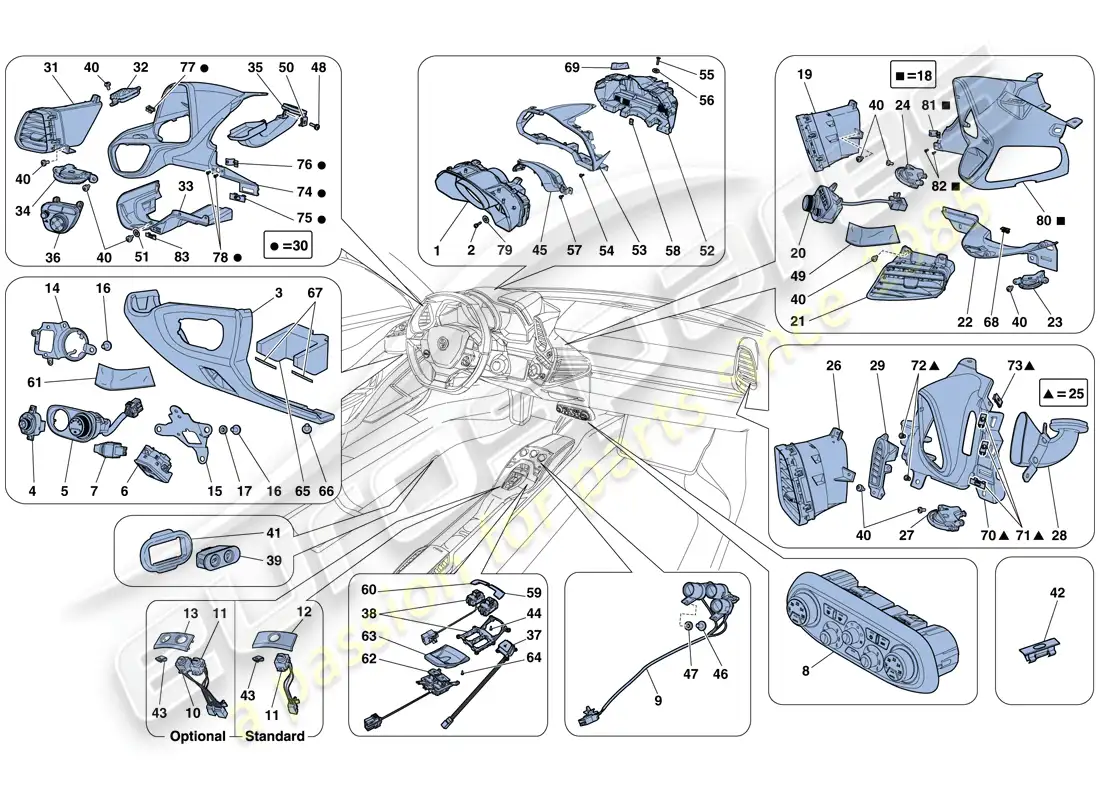 ferrari 458 spider (rhd) instrumentos del salpicadero y del túnel diagrama de piezas