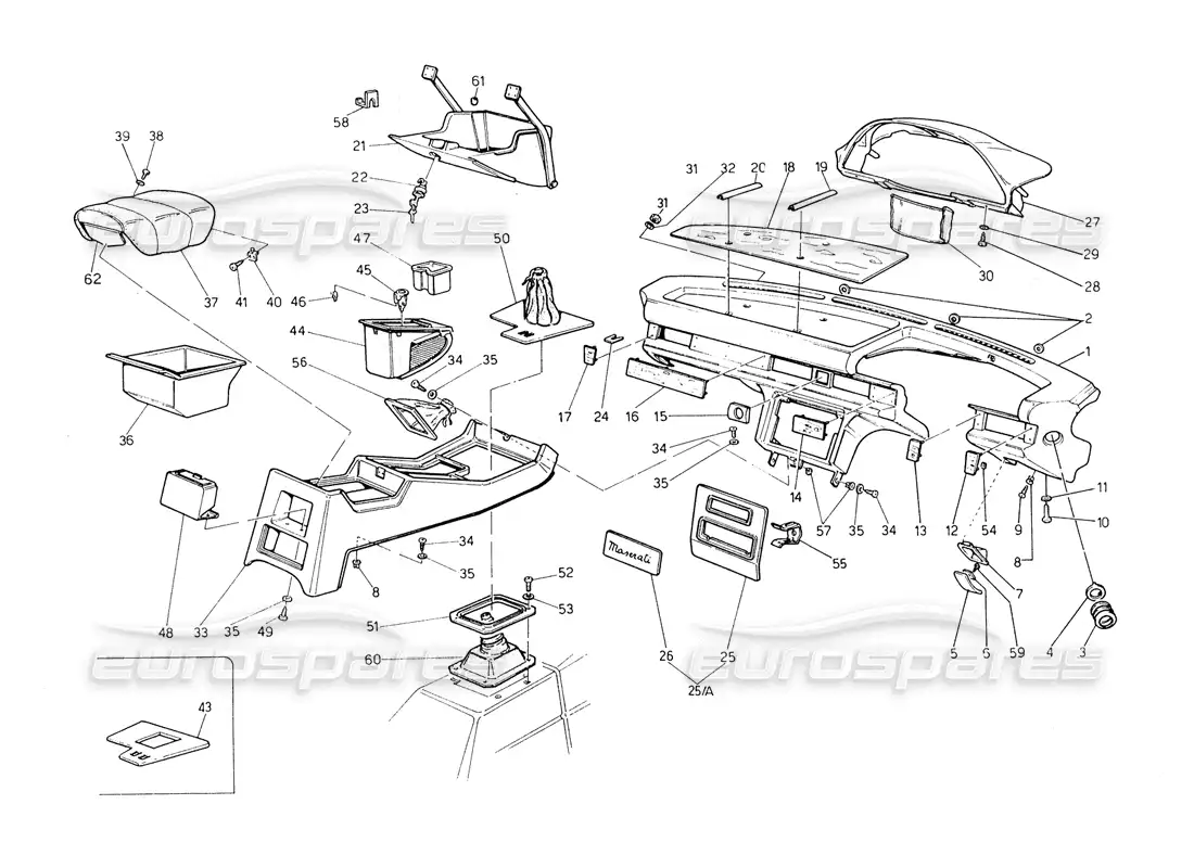 maserati biturbo spider diagrama de piezas del panel de instrumentos y la consola (dirección derecha)