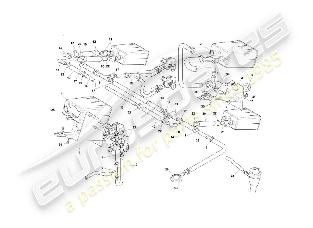 aston martin db7 vantage (1999) sistema de emisión evaporativa, diagrama de piezas del derecho de vía