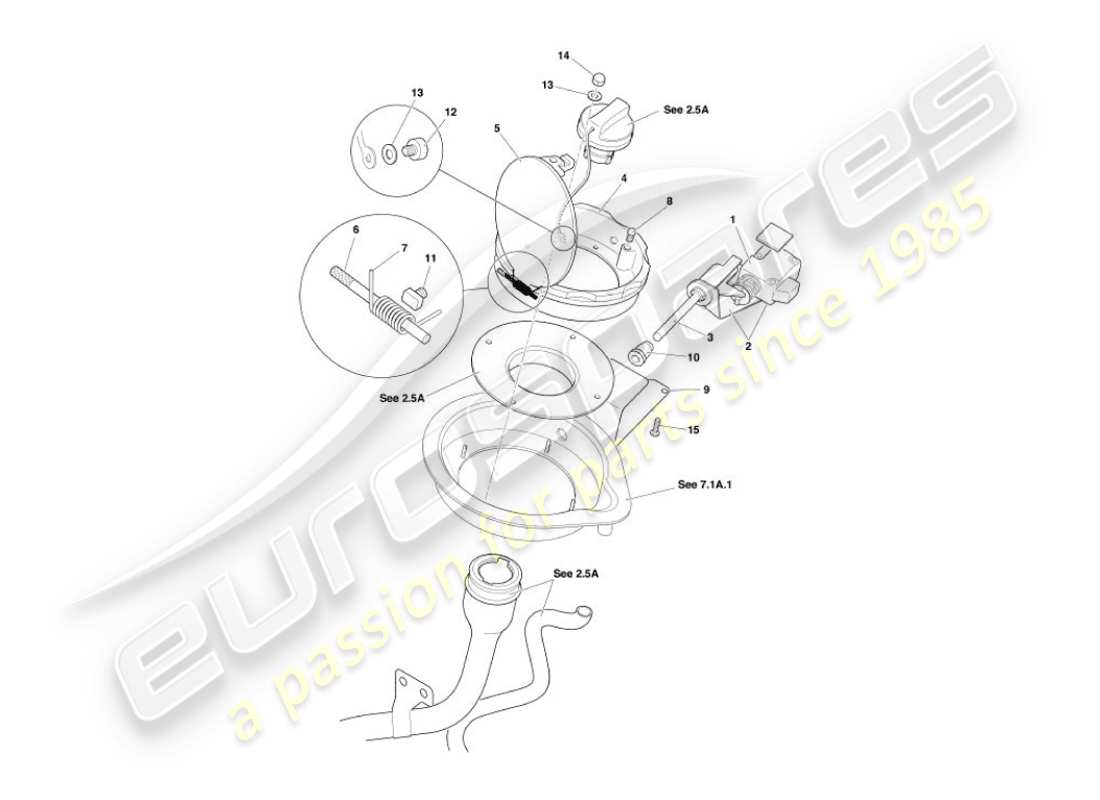 aston martin vanquish (2005) diagrama de piezas del mecanismo de trampilla de combustible
